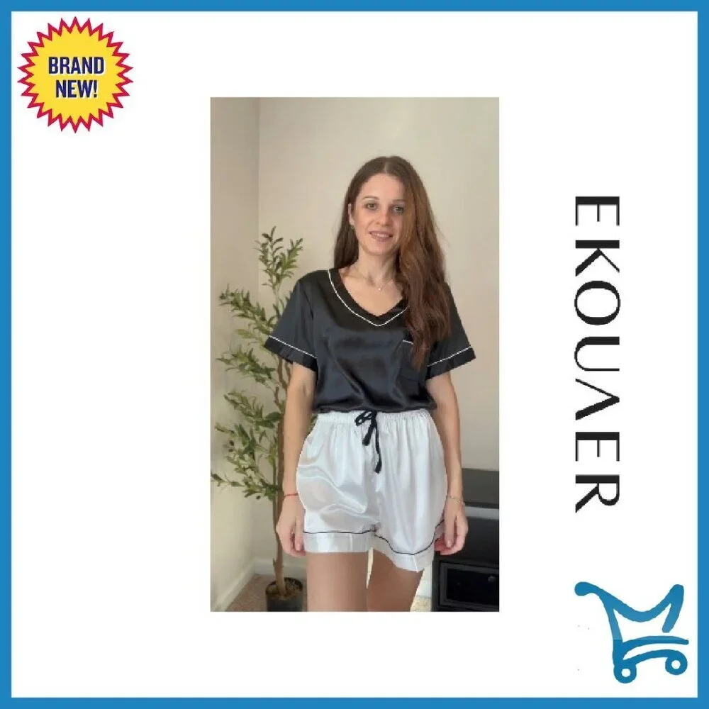Silk Satin Pajama Set V-Neck Shorts Lounge Sleepwear S-XXL